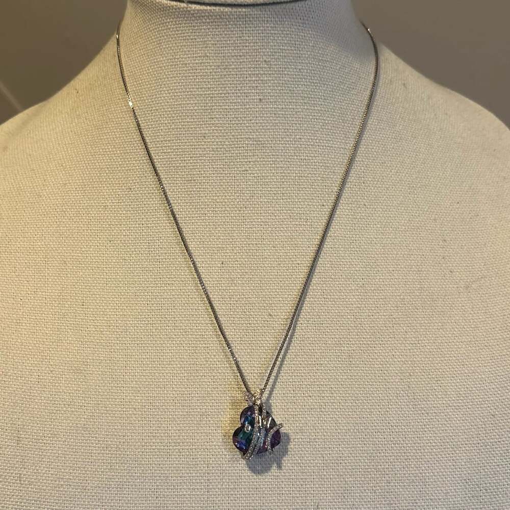 Crystal Purple Heart Pendant Rhinestone Butterfly Necklace Silver
